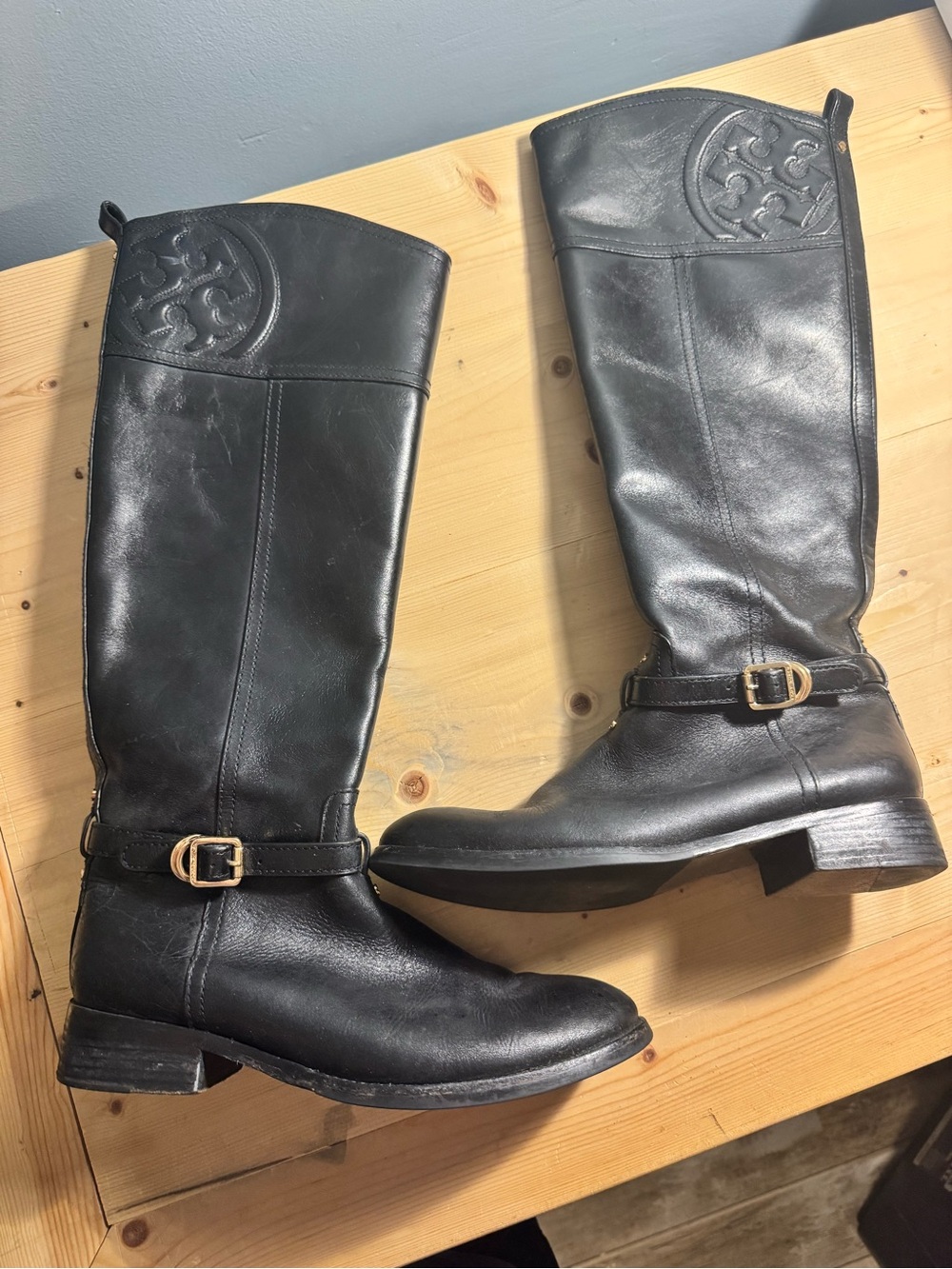 Tory Burch Black Tall Leather Riding Boots with Gold Buckles